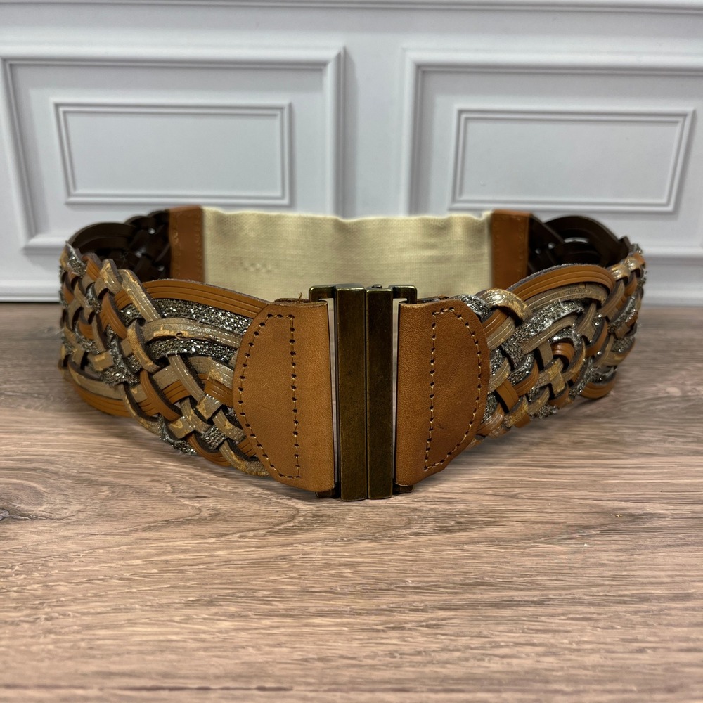 Loft Braided Waist Belt Women Brown Metallic Woven Elastic Statement XS/S